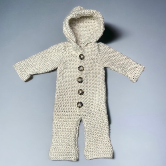 Handmade Crochet Knit Baby Romper Hooded 1 Piece Jumpsuit Infant 0/3 Months New - Picture 1 of 15